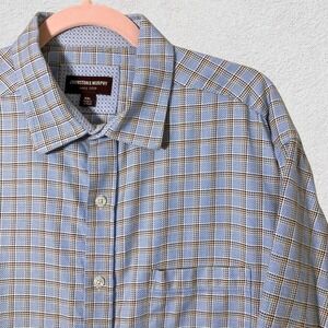 Johnston & Murphy Men XXL Blue Brown Check‎ Herringbone Cotton Button Shirt